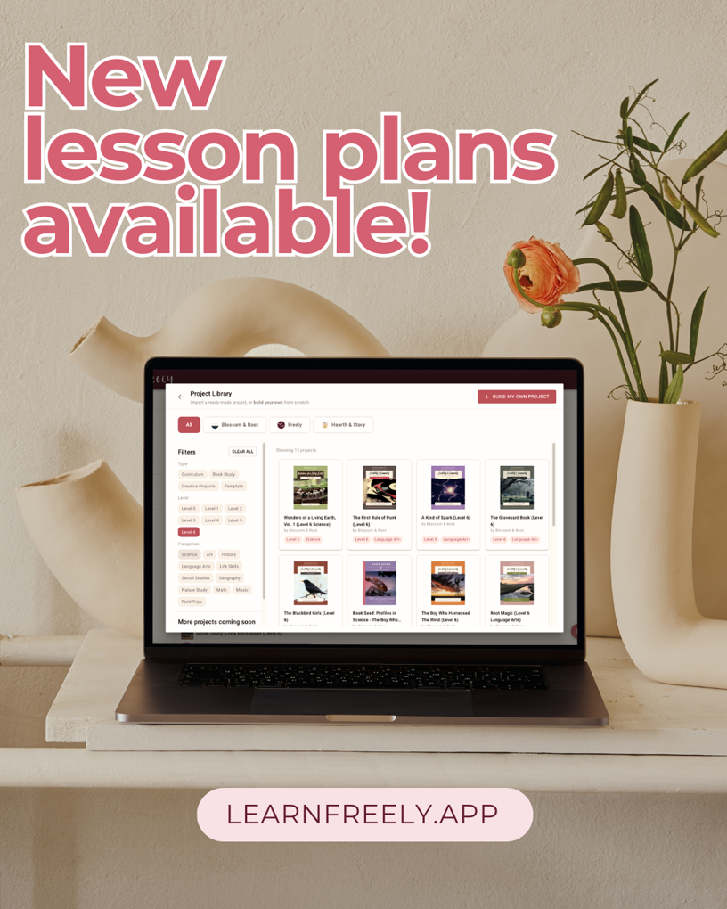 Laptop on table with a flower vase, displaying a lesson plan library. Text reads 