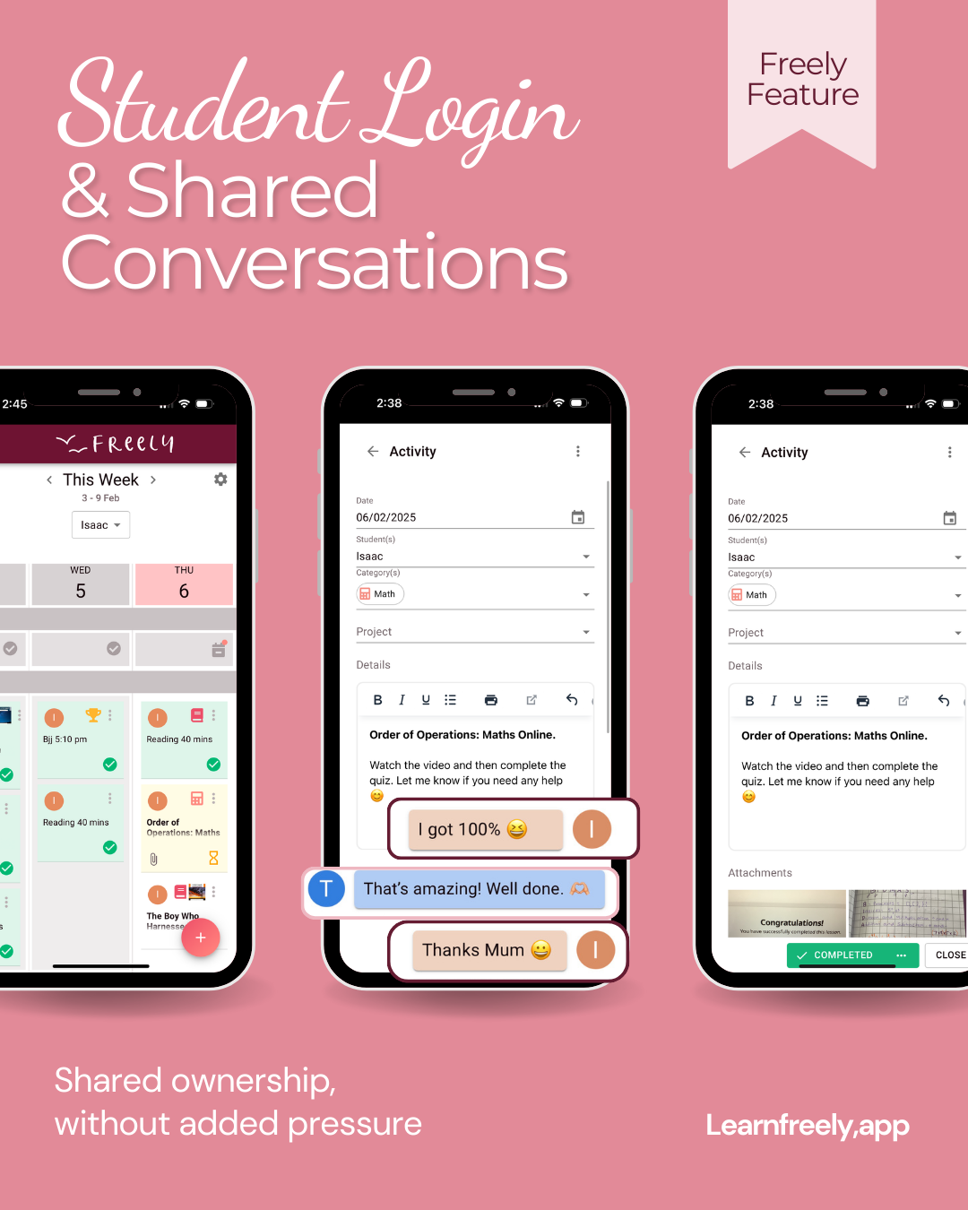Freely Homeschool Planner Student Login feature showing collaborative homeschool planning, shared parent-student messaging, lesson attachments, and progress tracking in Week View.