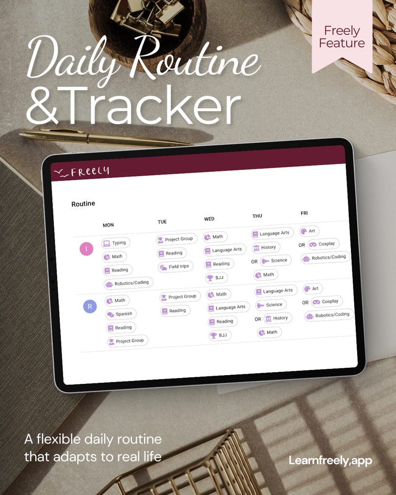 Freely Homeschool Planner My Week and Daily Rhythm view – flexible homeschool week planning at learnfreely.app