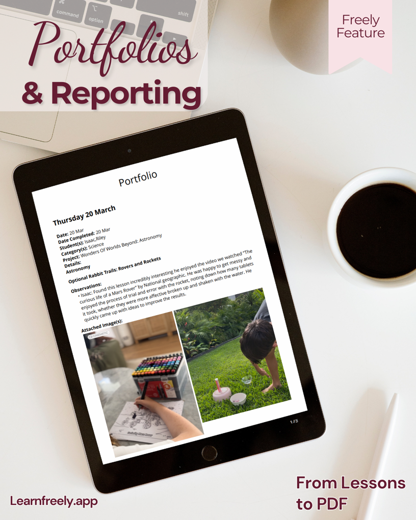 Freely Homeschool Planner portfolio and reporting feature showing a generated homeschool PDF with lesson notes and photos – learnfreely.app