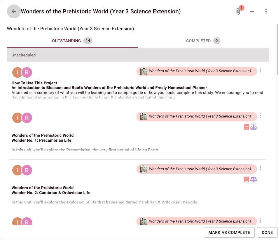 Freely homeschool planner lesson plan for Blossom and Root's Wonders of the Prehistoric World