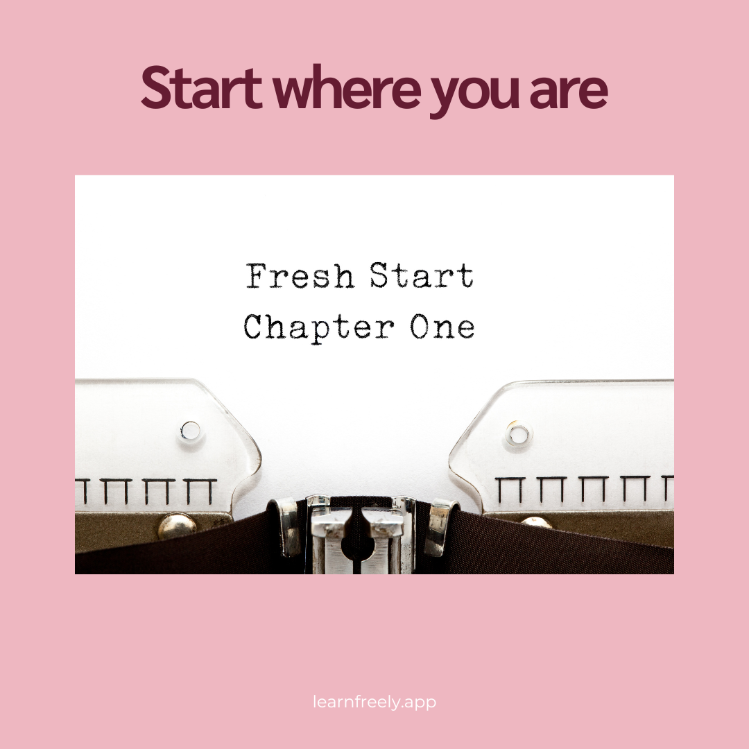 Typewriter with "Fresh Start Chapter One" typed on paper. Pink background with text "Start where you are." Mood: Motivational.
