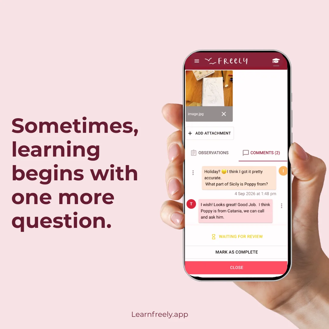 Freely’s Student Login showing a learner sharing a map of Sicily and asking a follow-up question, beside the words “Sometimes, learning begins with one more question.”