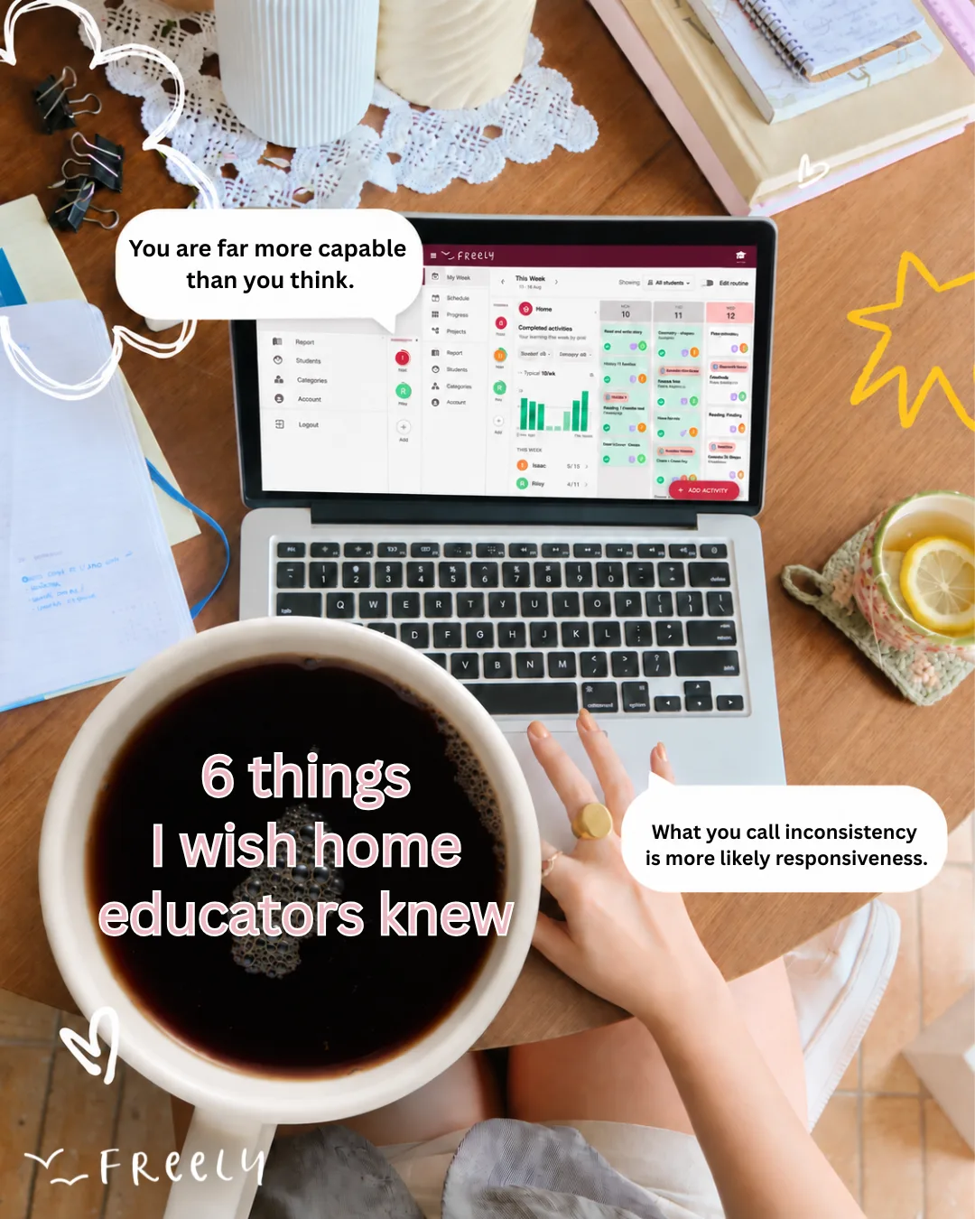 Collage-style image of a home educator planning at a computer with Freely Homeschool Planner open and a cup of coffee displaying the title “After Six Years of Supporting Home Educators, This Is What I Know.”