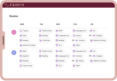 Screenshot of the routine setup in Freely online homeschool planner app