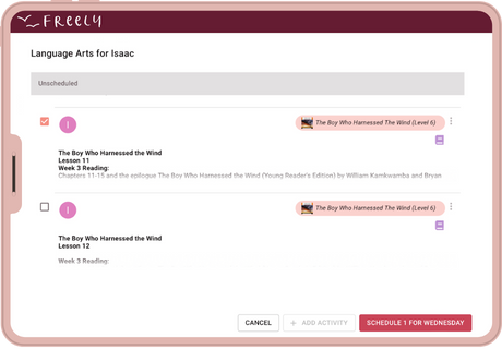 Screenshot of adding activities in Freely online homeschool planner app